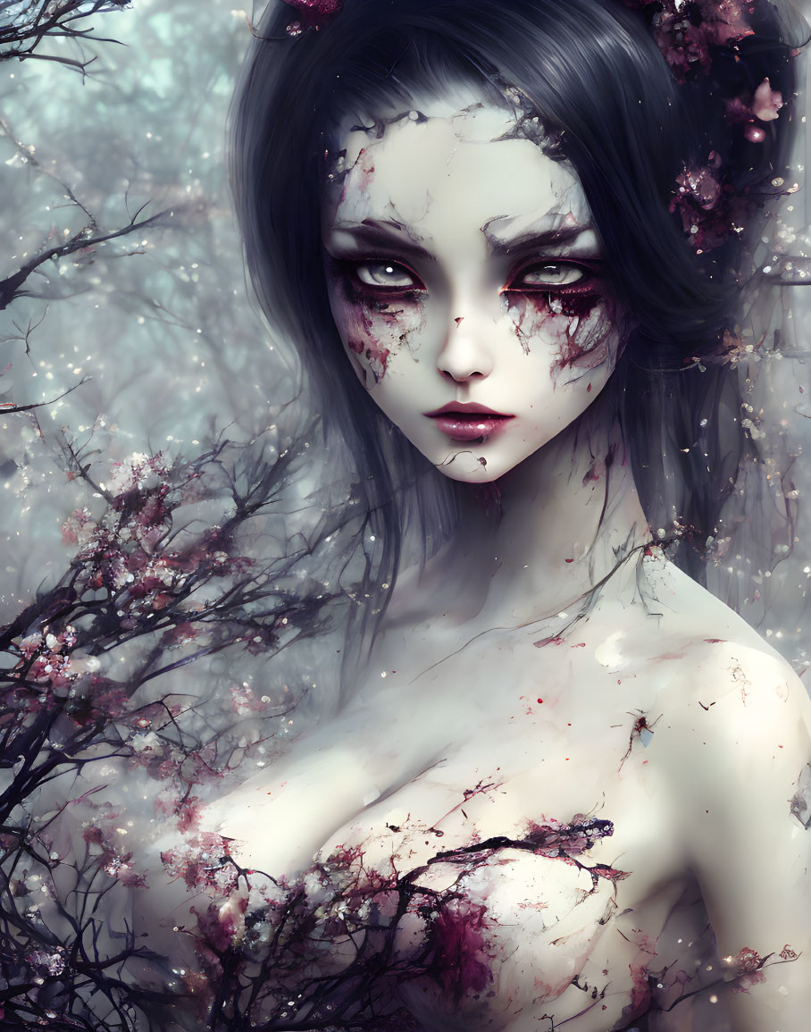 Ethereal figure with pale skin and red eyes among pink blossoms and mist