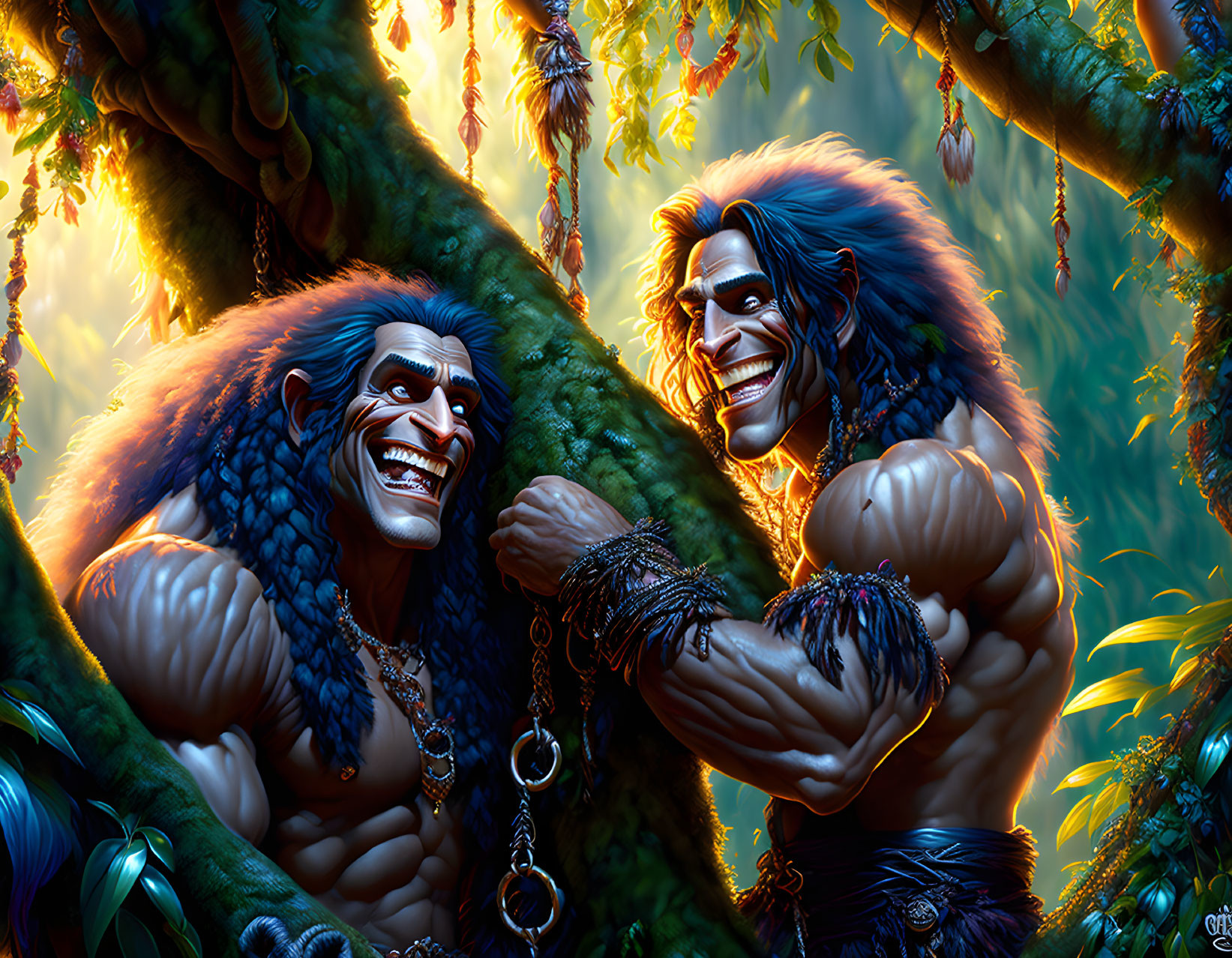 Muscular ape men chained in lush greenery