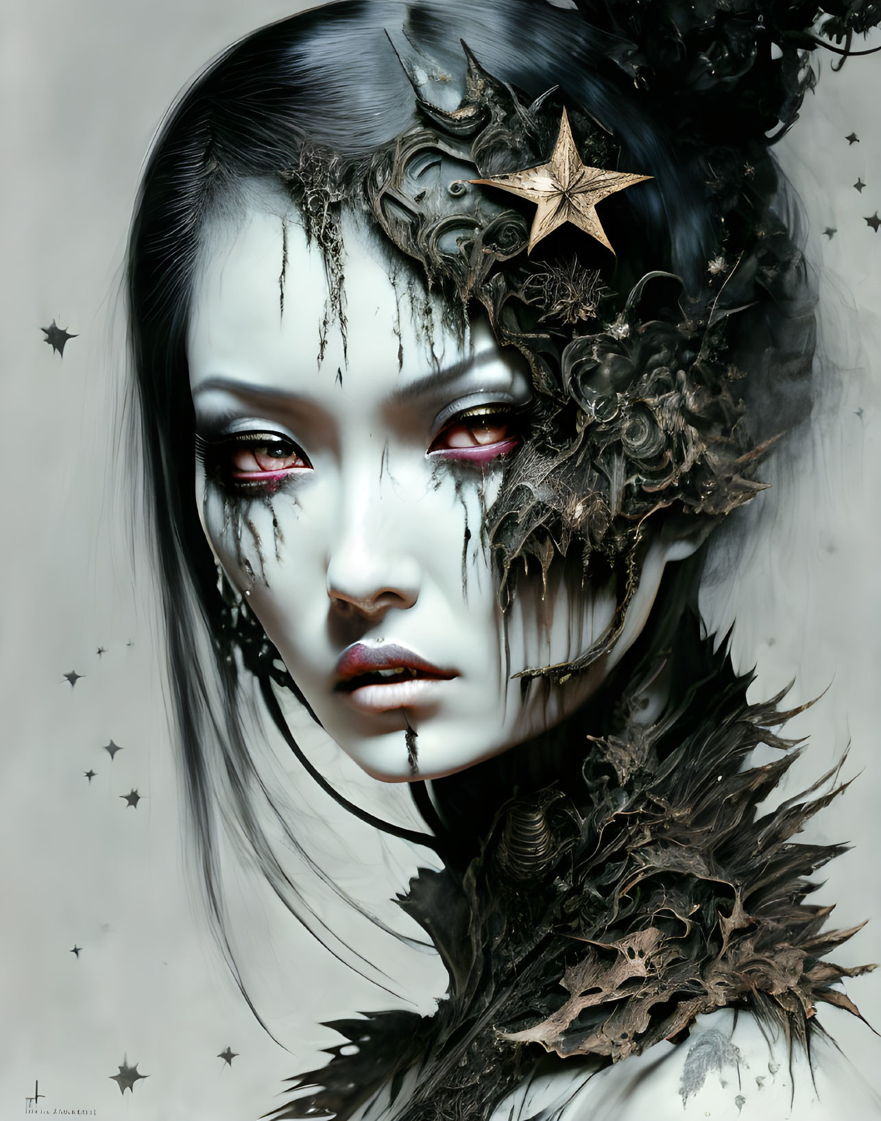 Fantasy-themed digital artwork of a pale woman with red eyes and dark ornate armor