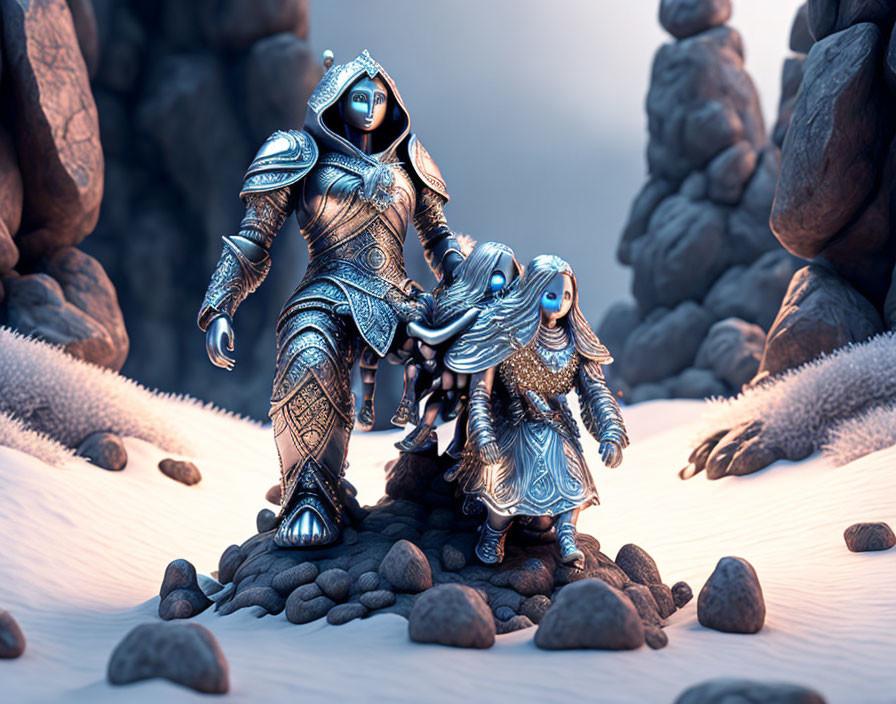 Fantastical armored characters in rocky, snowy landscape