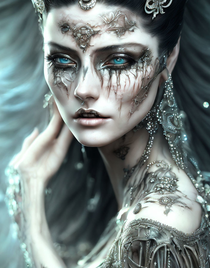 Fantasy-themed portrait of a woman with silver and blue makeup and ornate designs