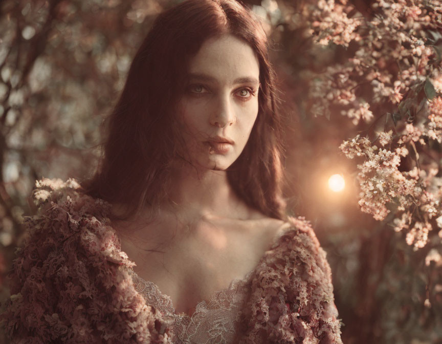 Woman in lace-adorned garment against sunlit floral backdrop