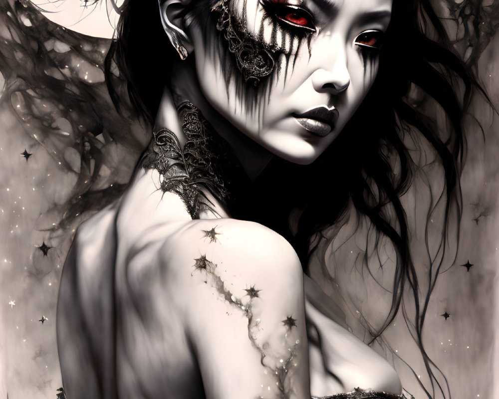 Gothic-style artwork of a woman with black hair and red eyes