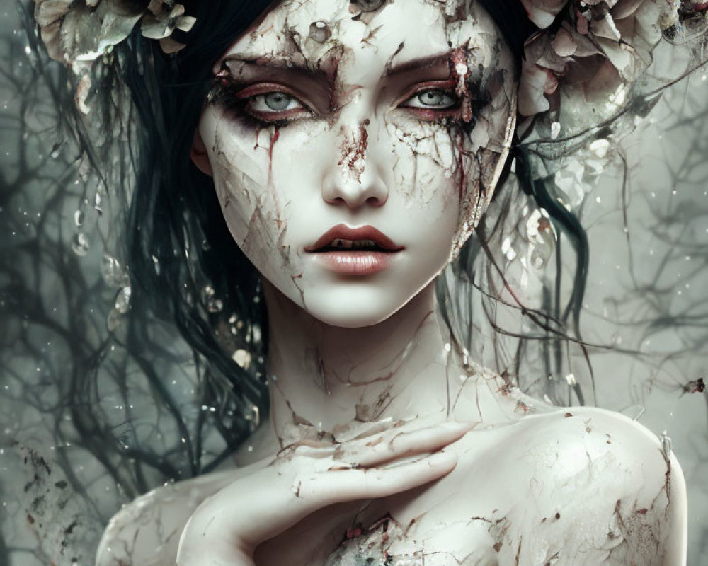 Gothic fantasy image of pale woman with dark hair and haunting eyes