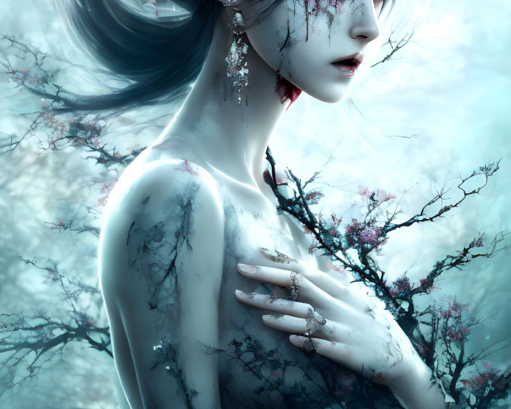 Mystical woman with pale skin, blue eyes, and dark hair in foggy setting