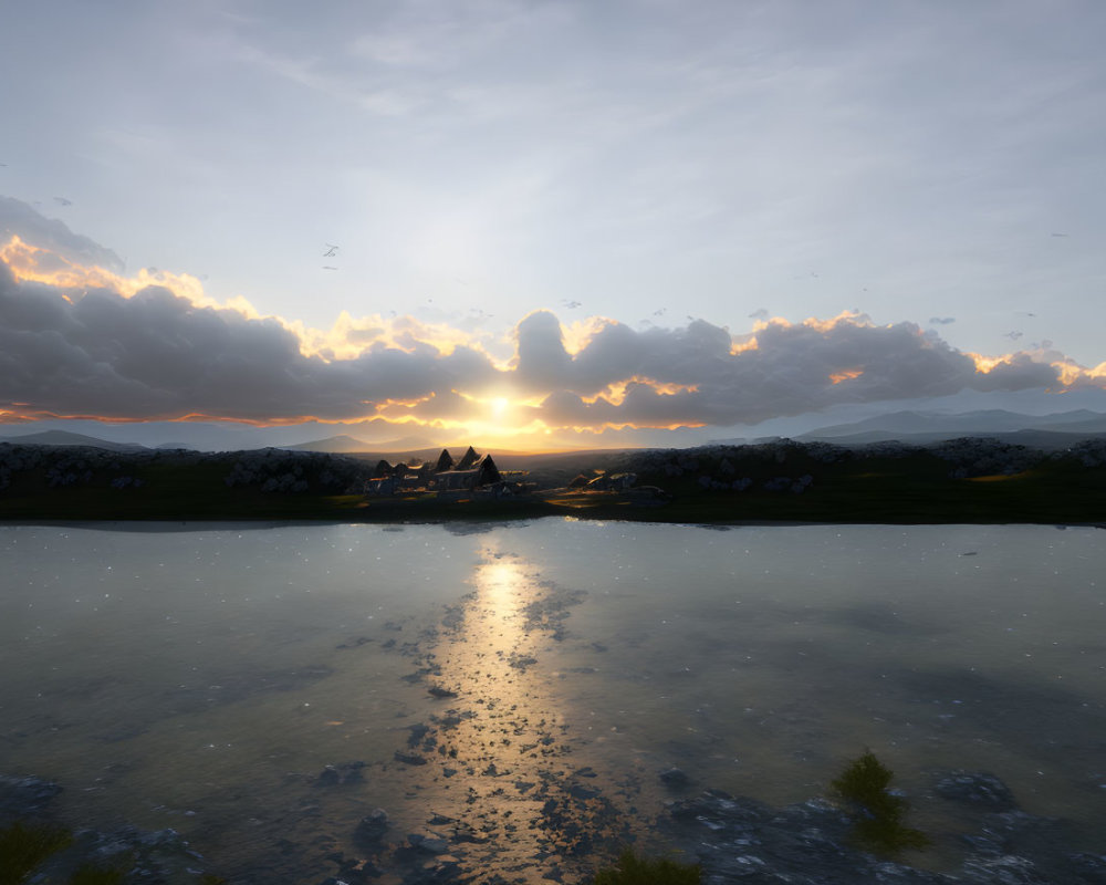 Tranquil sunset scene over lake with mountains and birds