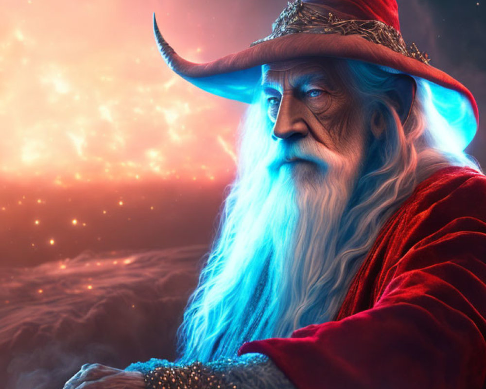 Bearded wizard in red hat against cloudy sky