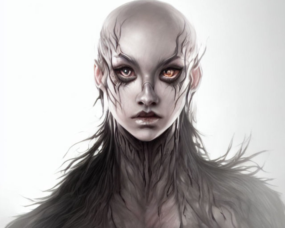 Illustration of pale-skinned mystical creature with orange eyes and feathered neckline