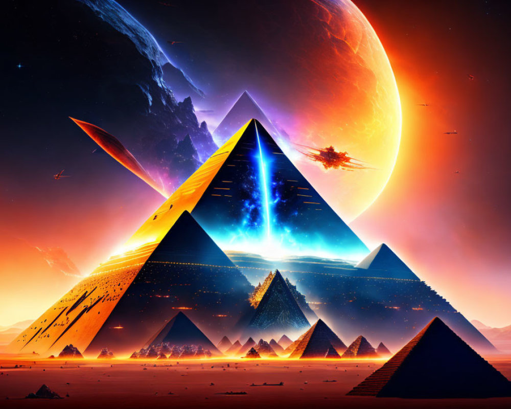 Futuristic pyramids under cosmic sky with planets, stars, spacecraft in desert with orange and blue