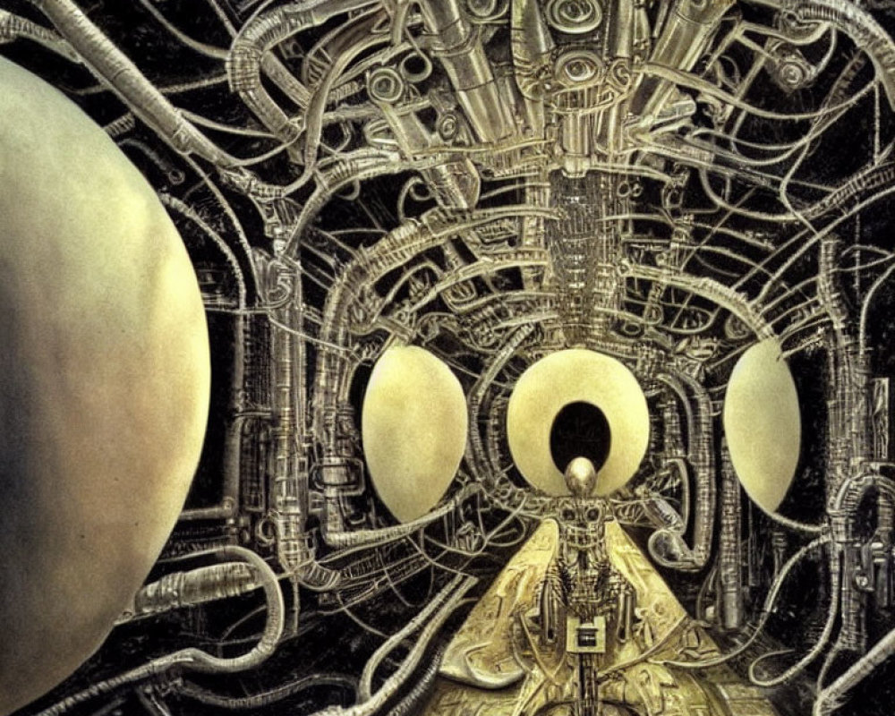 Intricate Mechanical Environment with Humanoid Figure and Spherical Objects