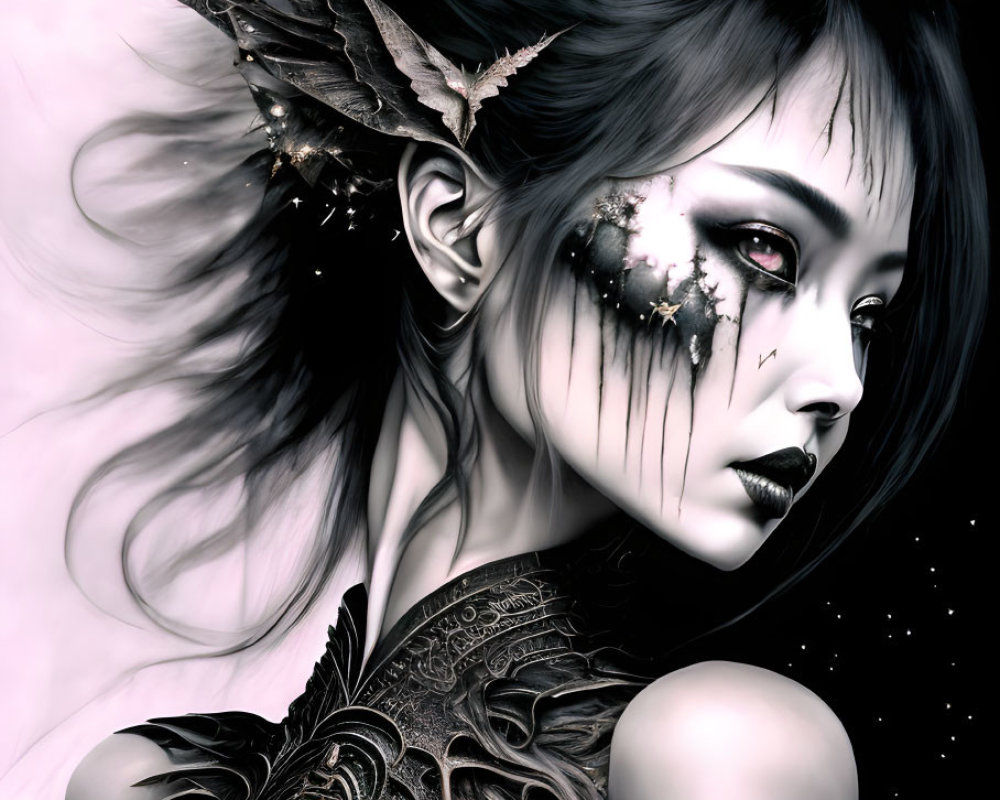 Monochrome fantasy portrait of a woman with dark hair and celestial makeup.