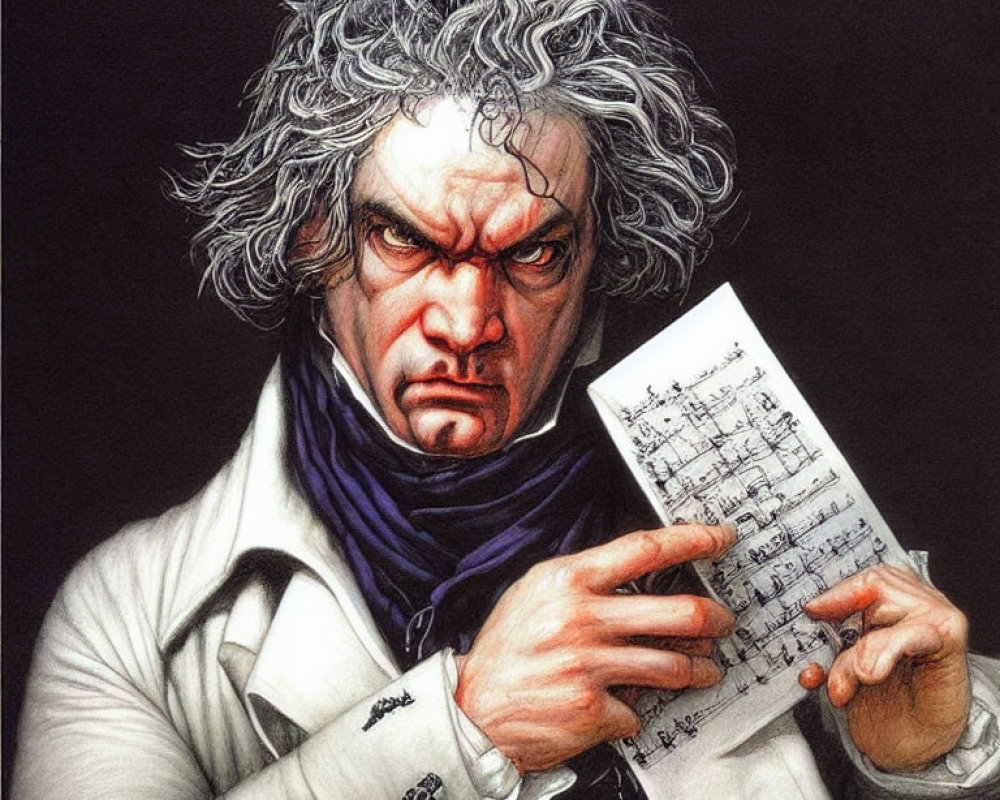 Portrait of man with wild grey hair and scowl, holding sheet music, in white shirt and dark