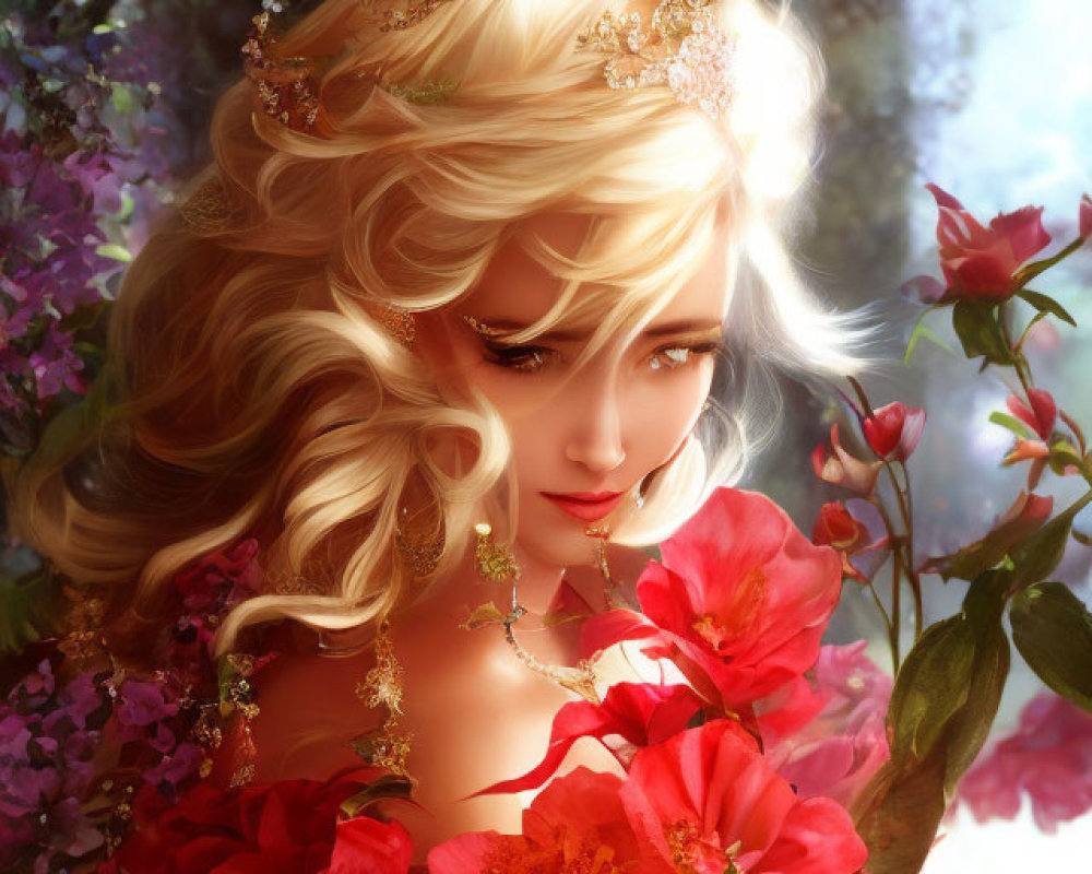 Illustrated portrait of woman with golden wavy hair, crown, red flowers, lush background