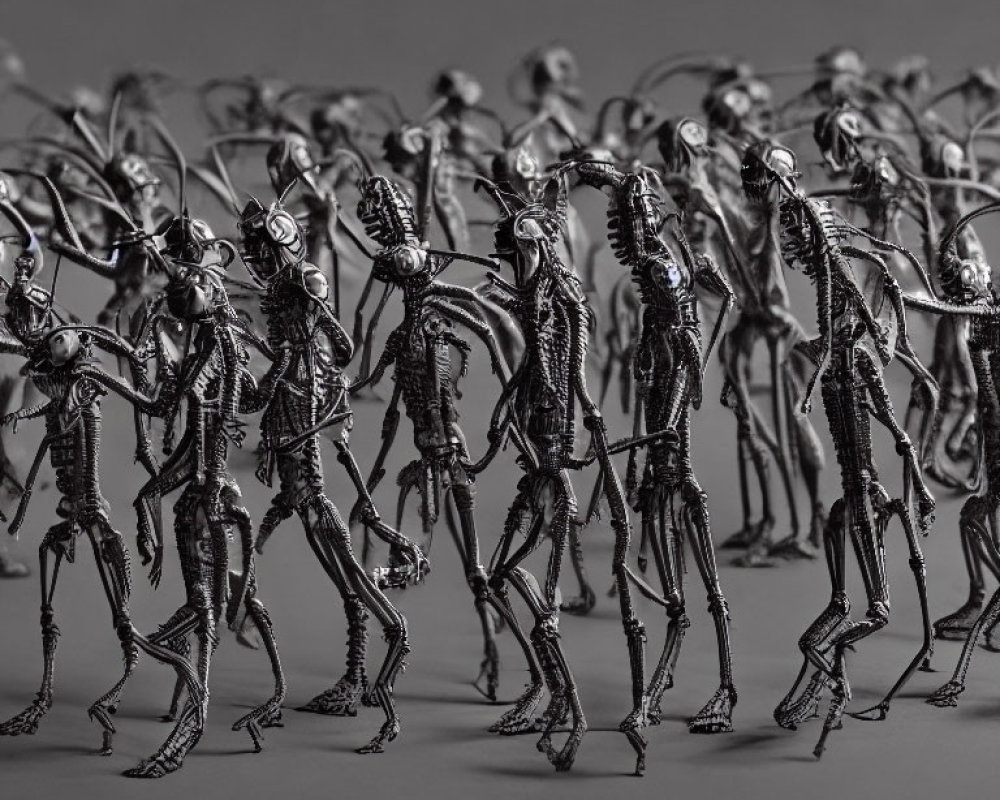 Intricate metallic humanoid sculptures with slender bodies and elongated limbs against grey background