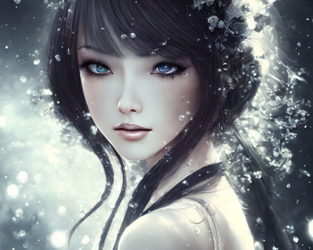 Fantasy female character digital art with blue eyes and floral adornments