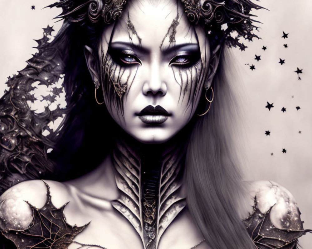 Monochromatic fantasy portrait of woman with dark headdress and gothic makeup