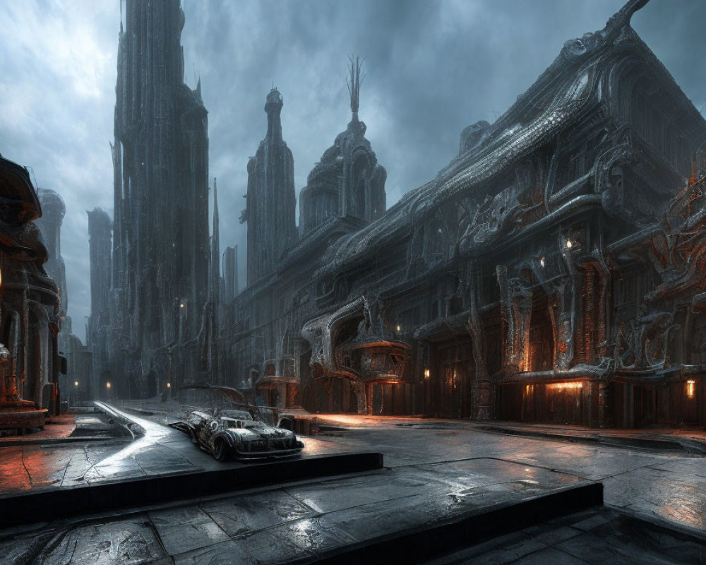 Gothic Cityscape with Towering Spires and Futuristic Vehicle under Stormy Sky