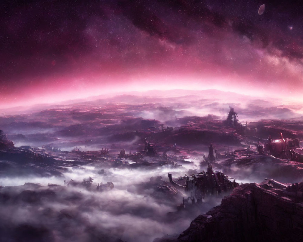 Surreal landscape with purple skies, stars, mist-covered valleys