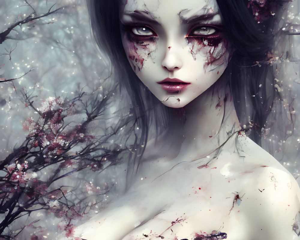 Ethereal figure with pale skin and red eyes among pink blossoms and mist