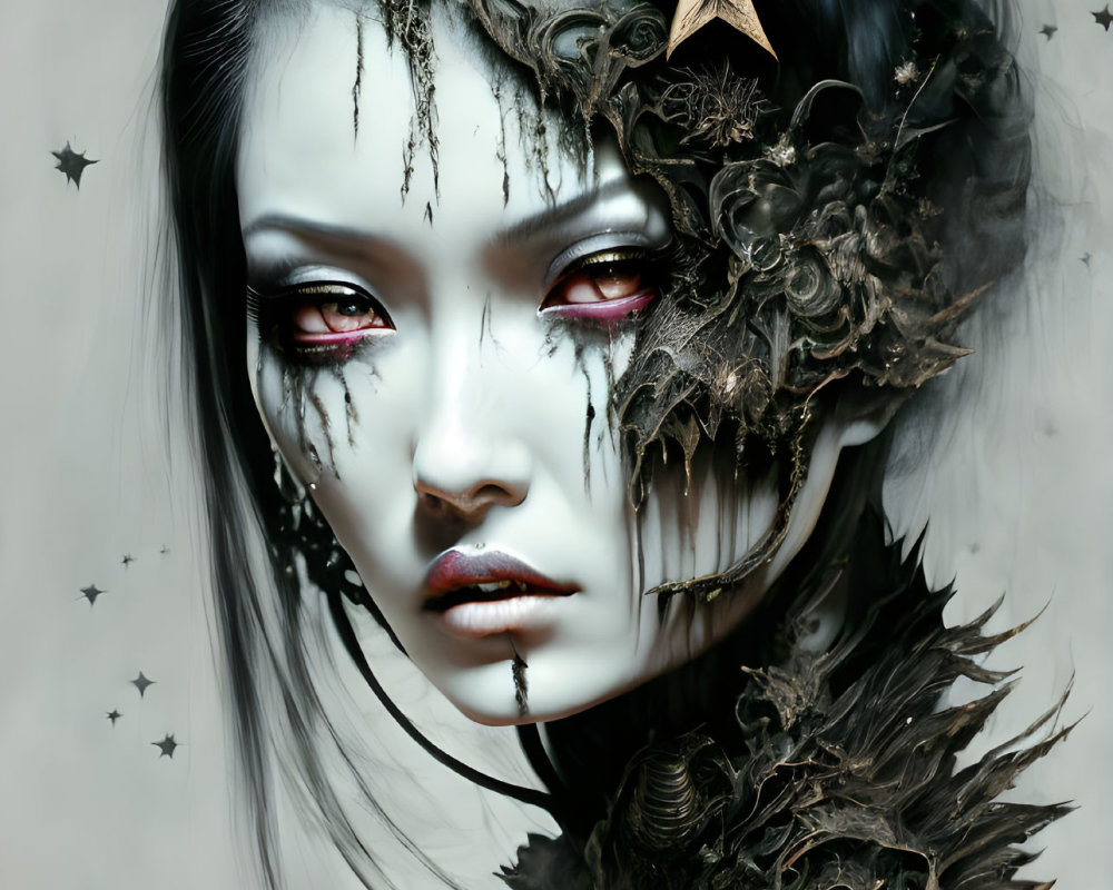 Fantasy-themed digital artwork of a pale woman with red eyes and dark ornate armor