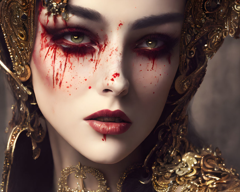 Woman with Red Eyes and Blood-like Embellishments in Elaborate Gold Jewelry