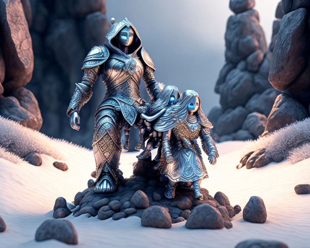 Fantastical armored characters in rocky, snowy landscape