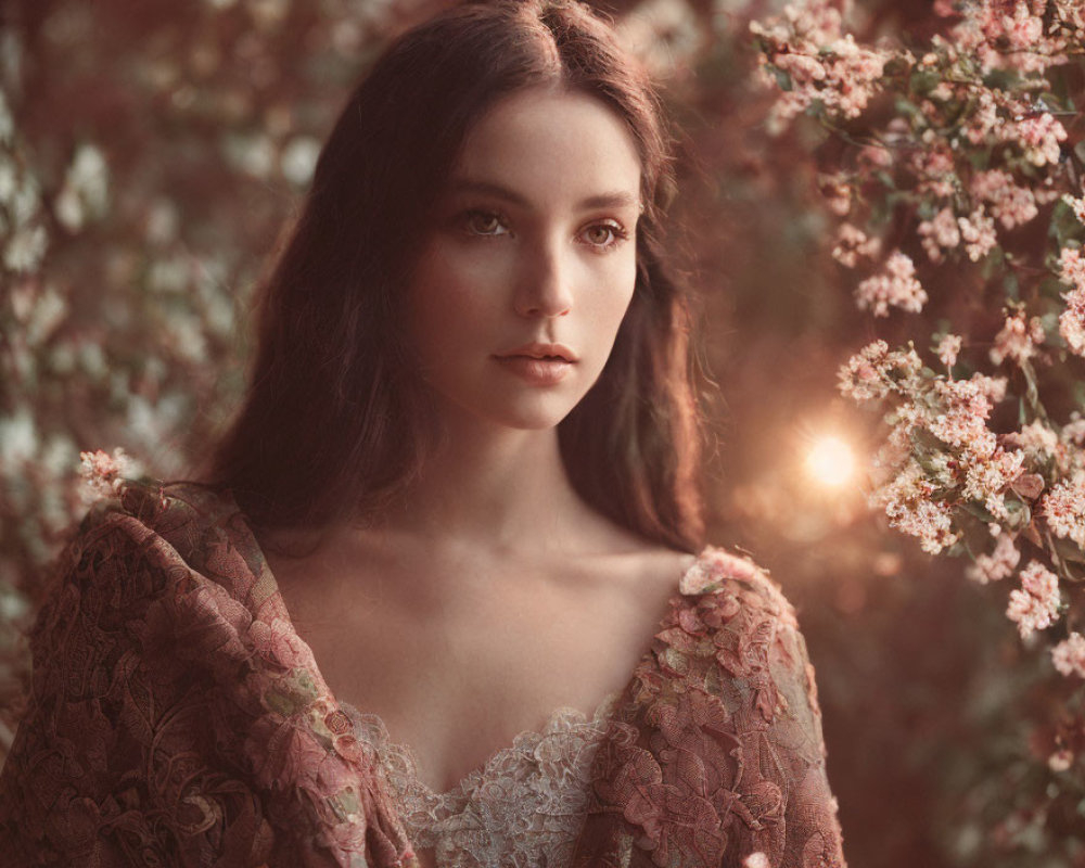 Woman in Lace Dress Surrounded by Pink Blossoms and Sunlight