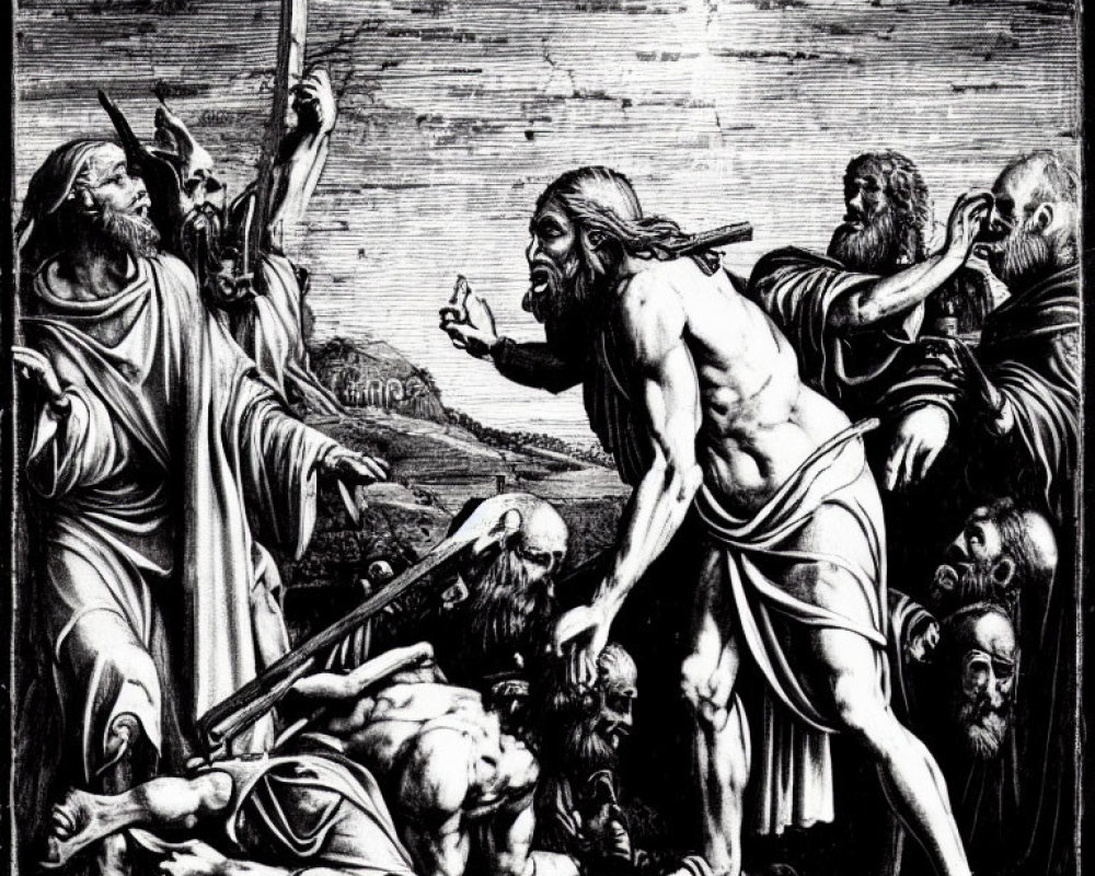 Monochrome illustration of figures in dramatic scene with cross.