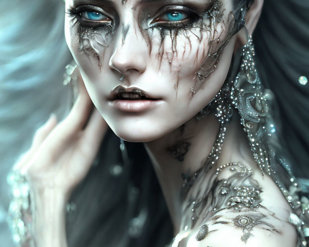 Fantasy-themed portrait of a woman with silver and blue makeup and ornate designs