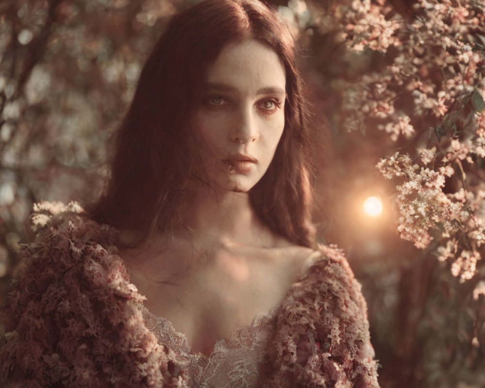 Woman in lace-adorned garment against sunlit floral backdrop