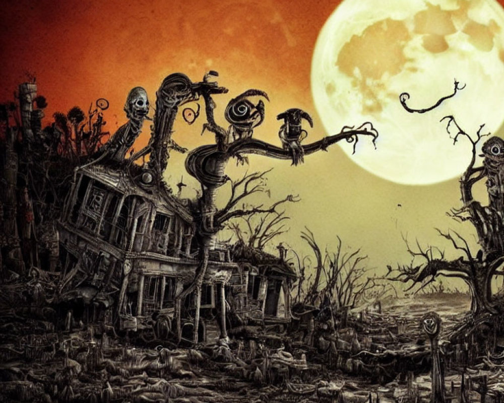 Spooky Tim Burton-style illustration of haunted house and eerie figures