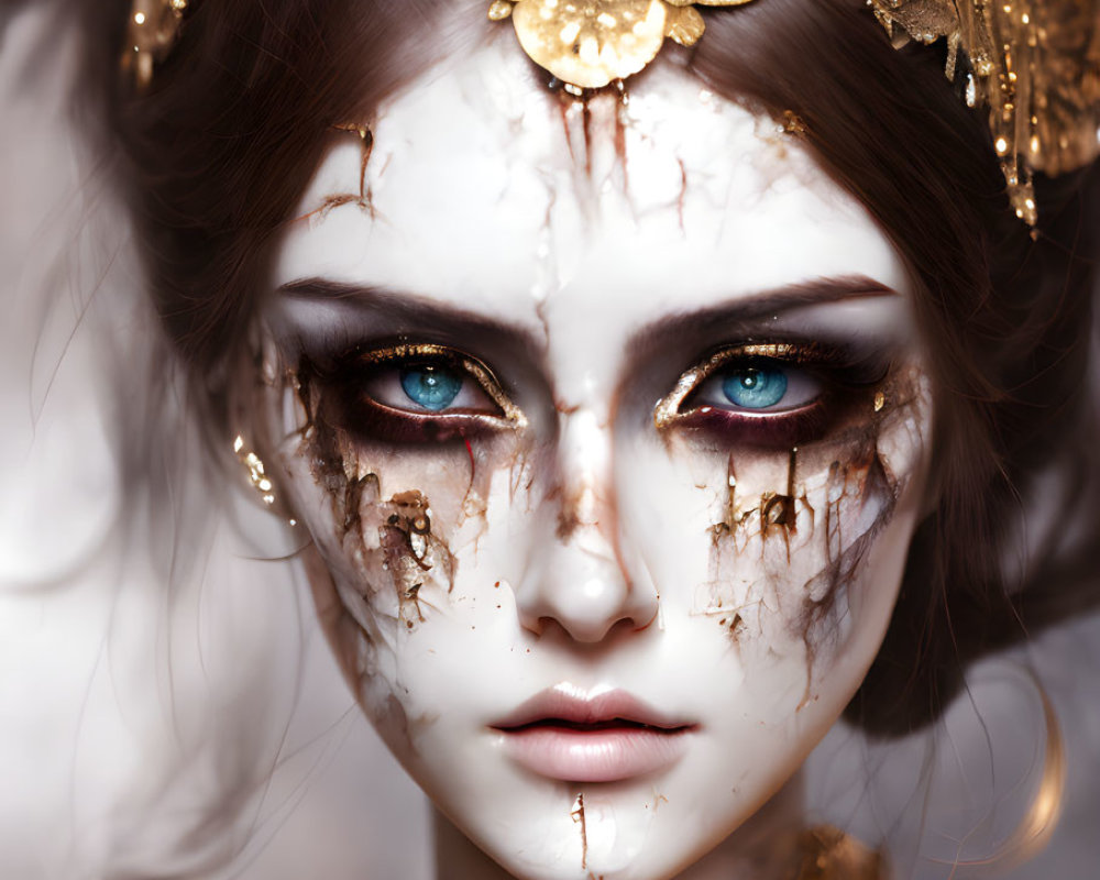 Intense Blue Eyes with Cracked White Makeup and Gold Floral Headpiece