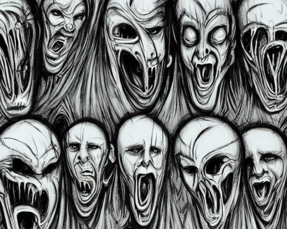 Monochrome artwork of anguished, screaming faces with dark lines