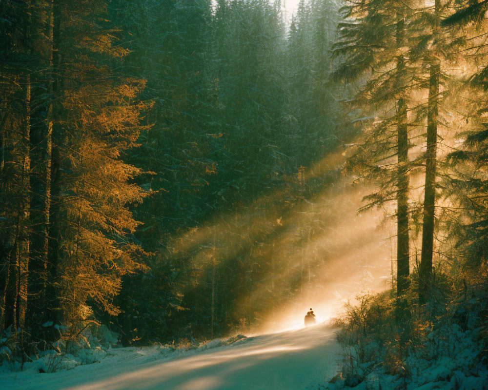 Snowy forest road: Person on bike under sunbeams