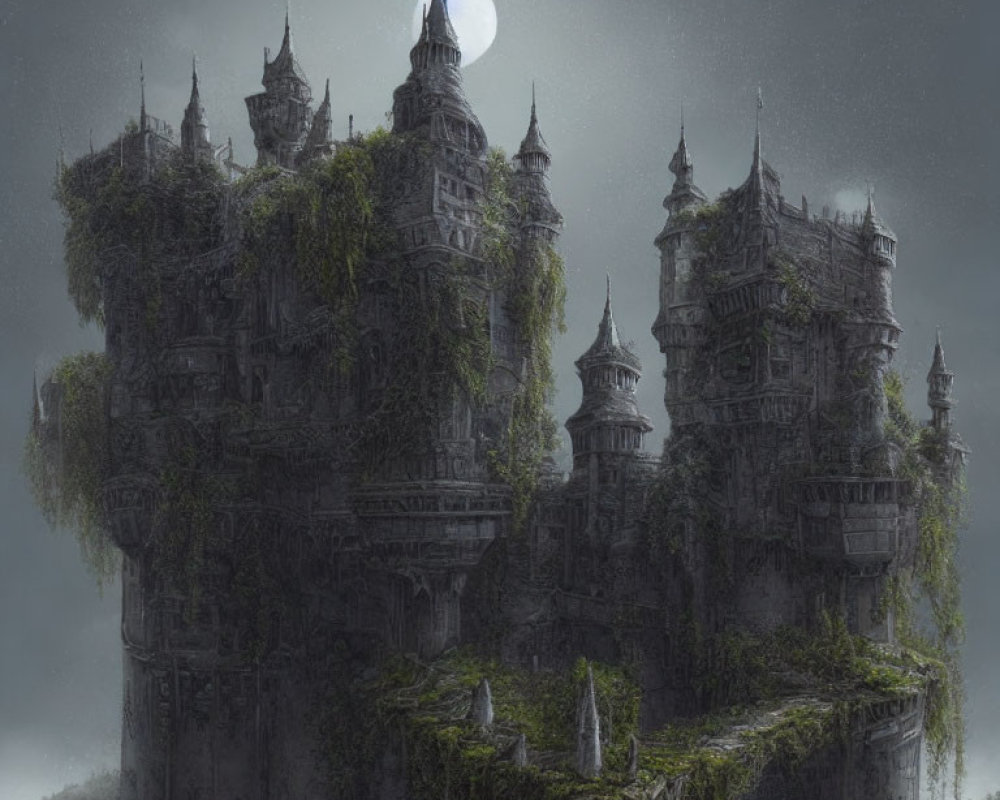 Moonlit ancient castle covered in vines and moss under hazy night sky