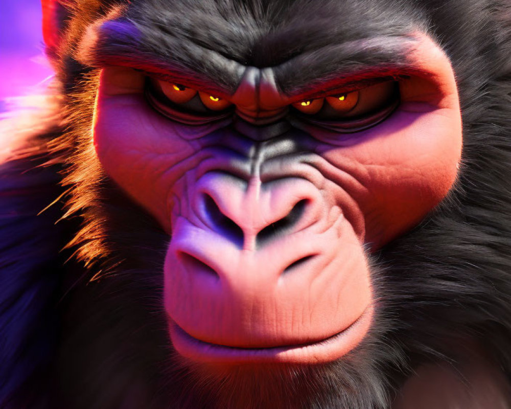 Animated gorilla with red eyes in close-up against purple background