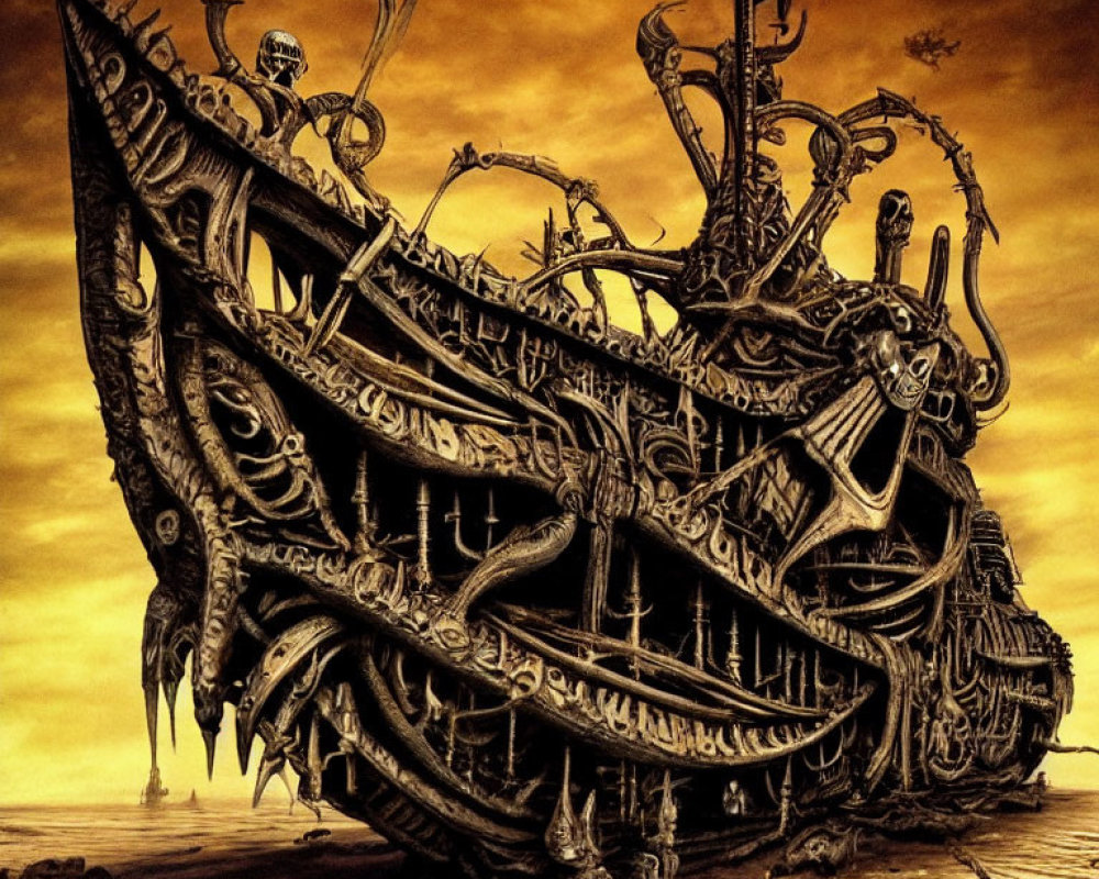 Detailed surreal ship illustration with organic and mechanical fusion under amber sky