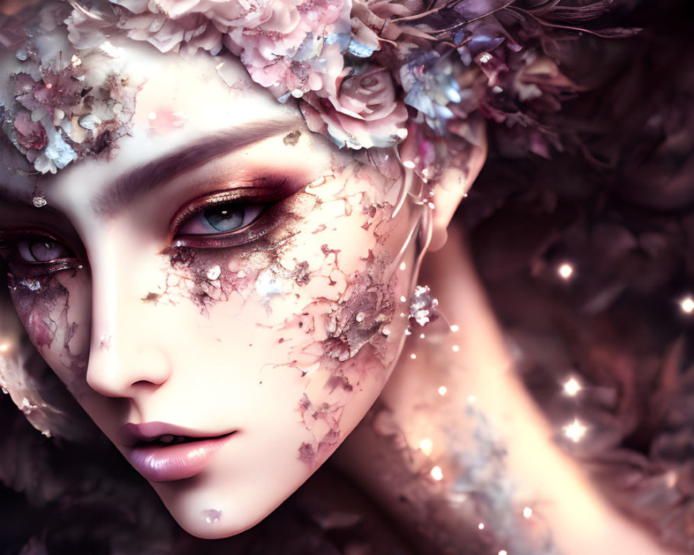 Person with floral headpiece and intricate makeup for a fantastical look