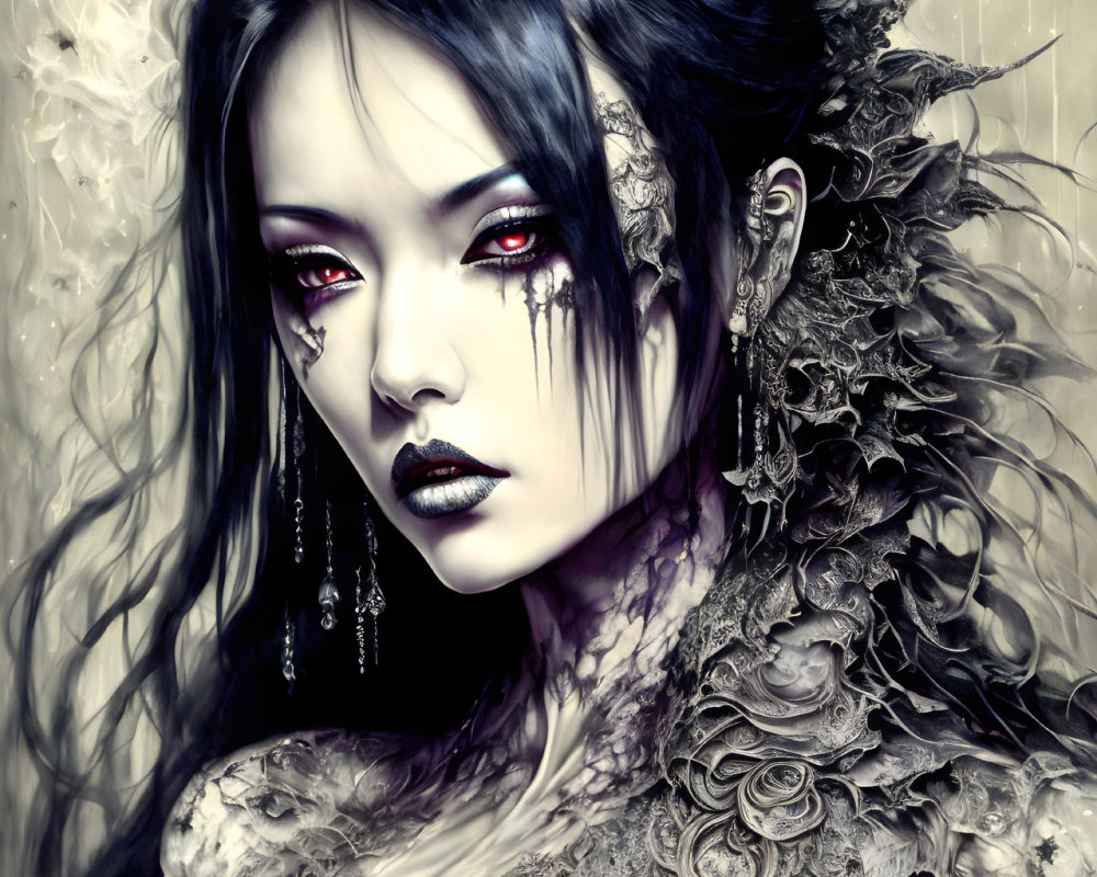 Portrait of woman with pale skin, red eyes, dark hair, lace and feather adornments