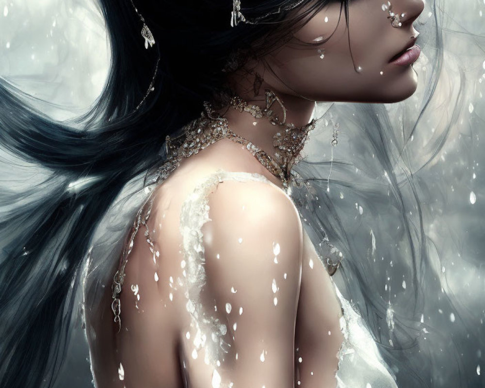 Dark-haired fantasy woman with fine jewelry in misty backdrop.