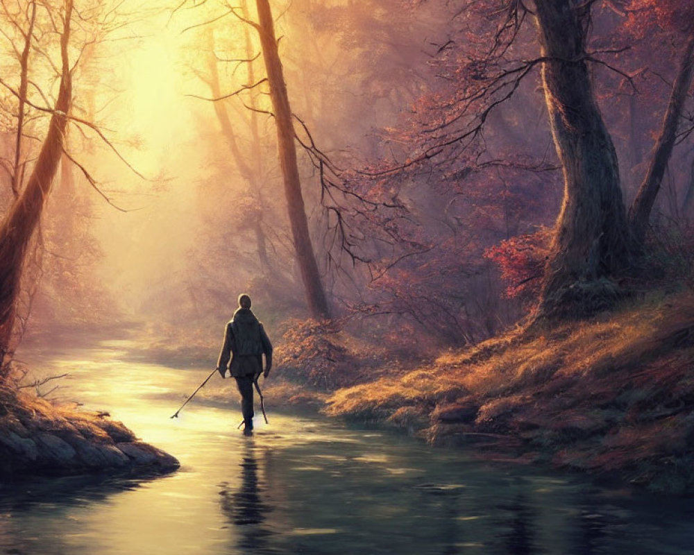 Solitary Figure in Sunlit Autumn Forest Stream