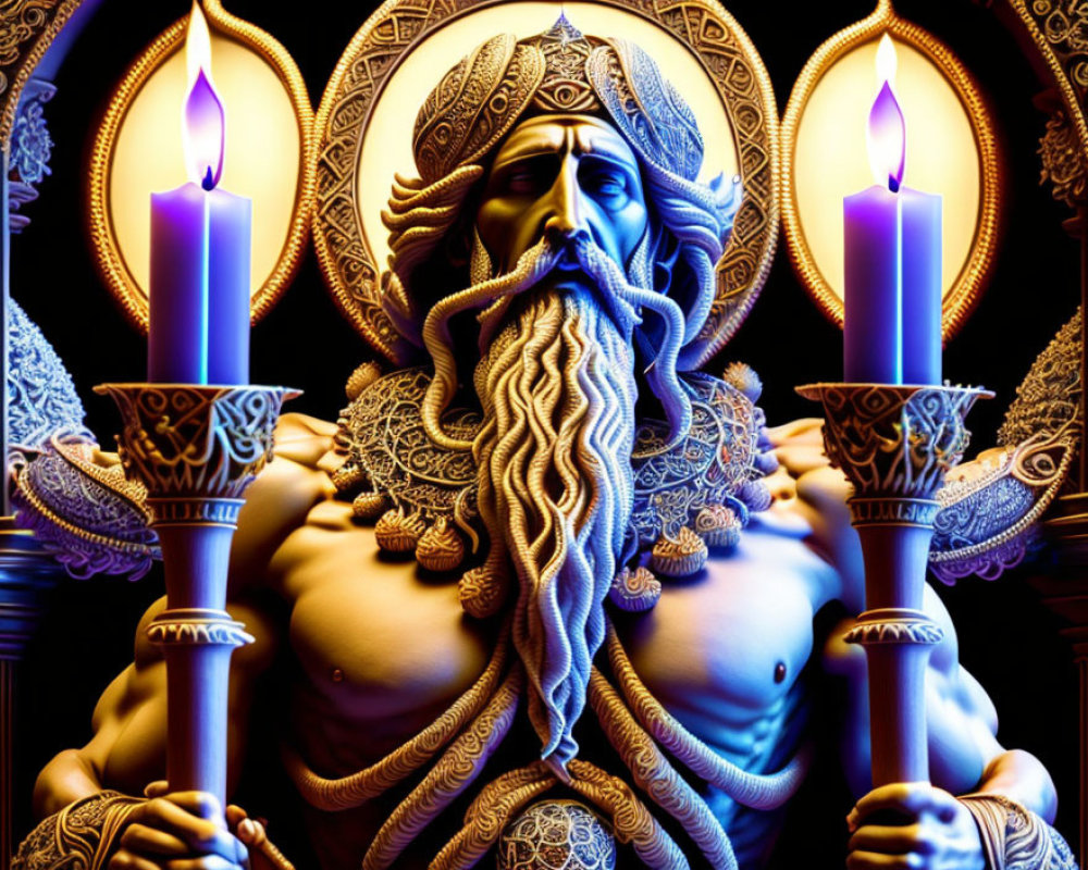 Muscular bearded figure in turban holding candles with intricate patterns and dark background