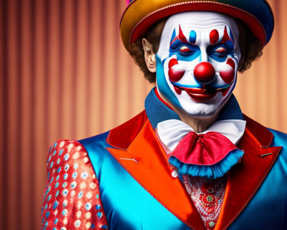 Vibrant clown with tall hat and painted face on striped background