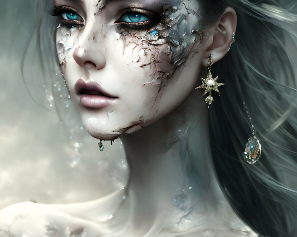 Fantastical female figure with ornate makeup and icy theme