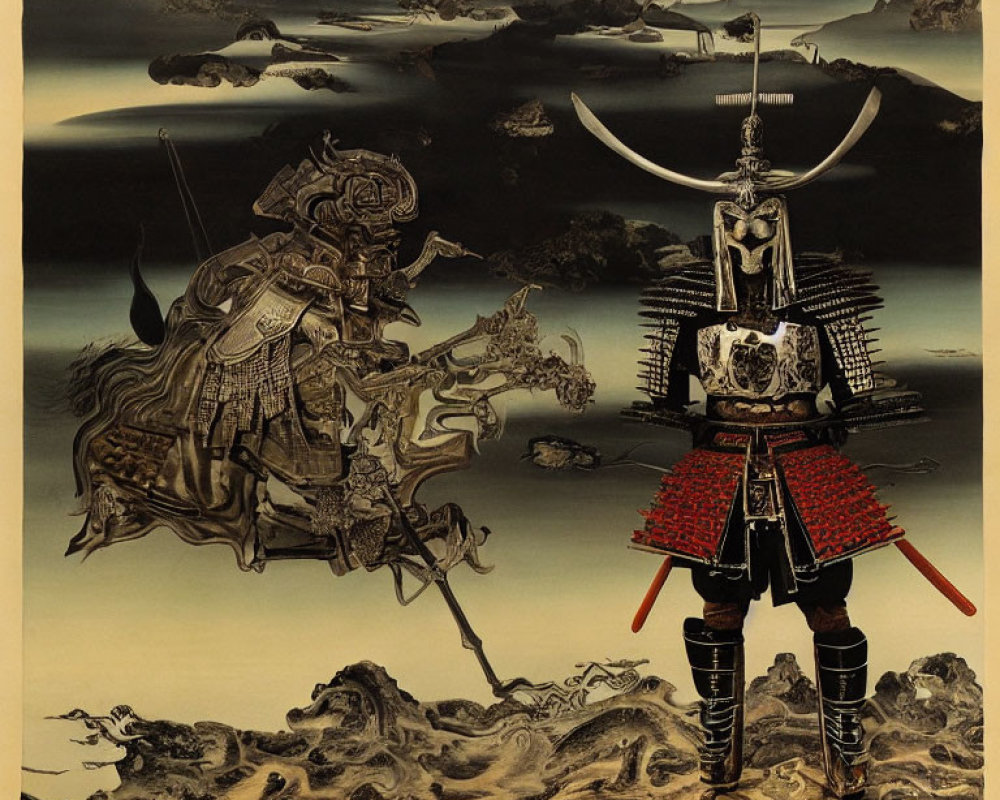 Samurai in ornate armor faces skeletal warrior in misty landscape