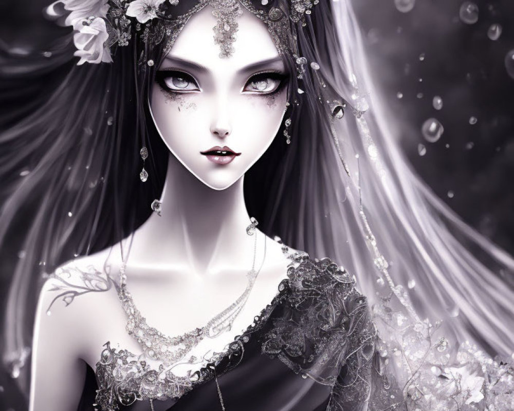 Monochromatic portrait of a stylized woman with striking eyes and floral headpiece surrounded by petals.