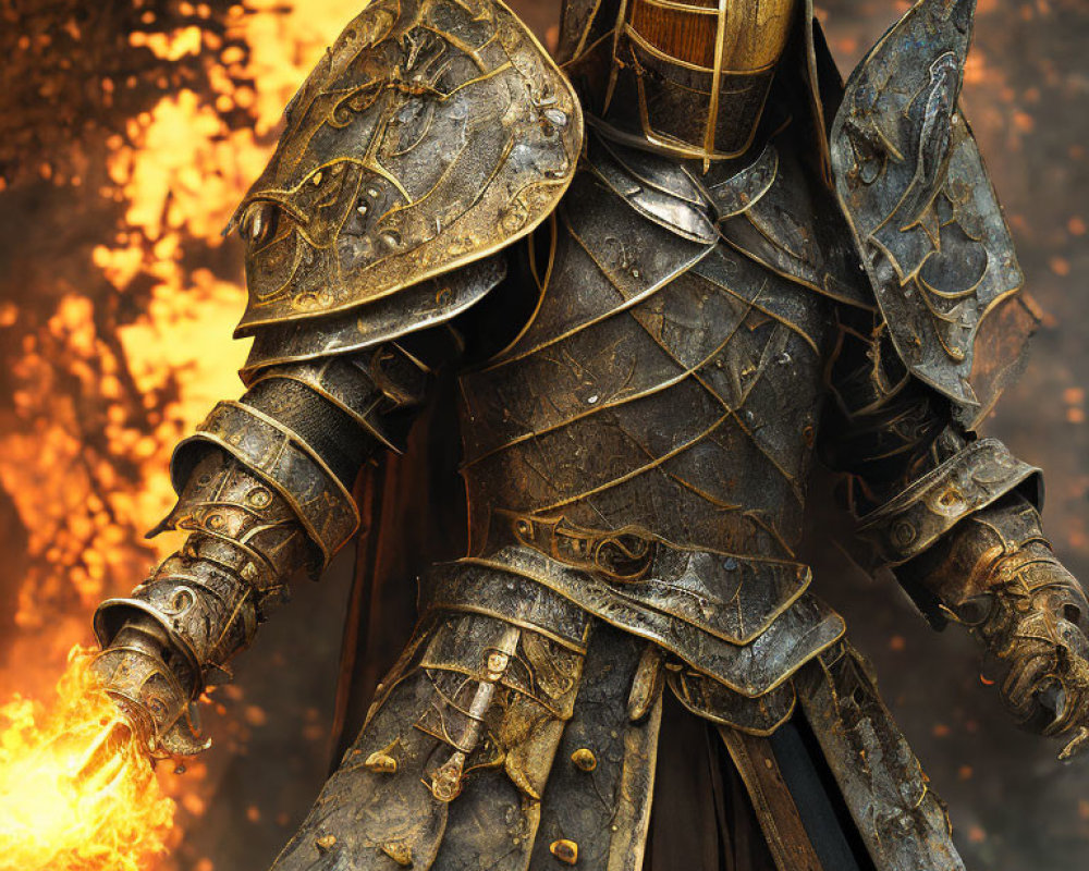 Armored medieval knight with fiery sword in inferno-like setting