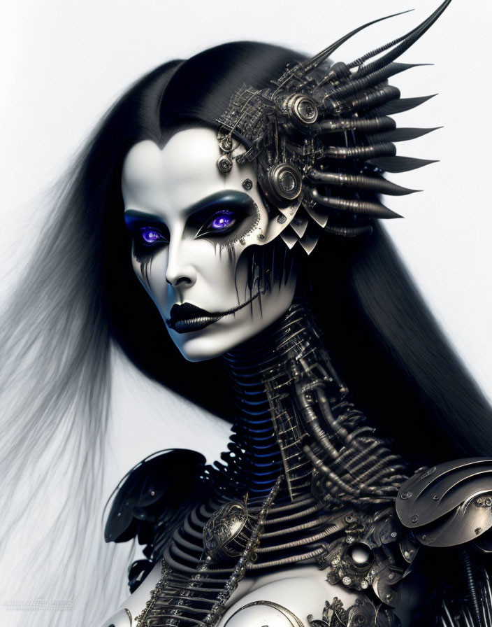 Female figure with blue skin and robotic features in intricate headpiece.