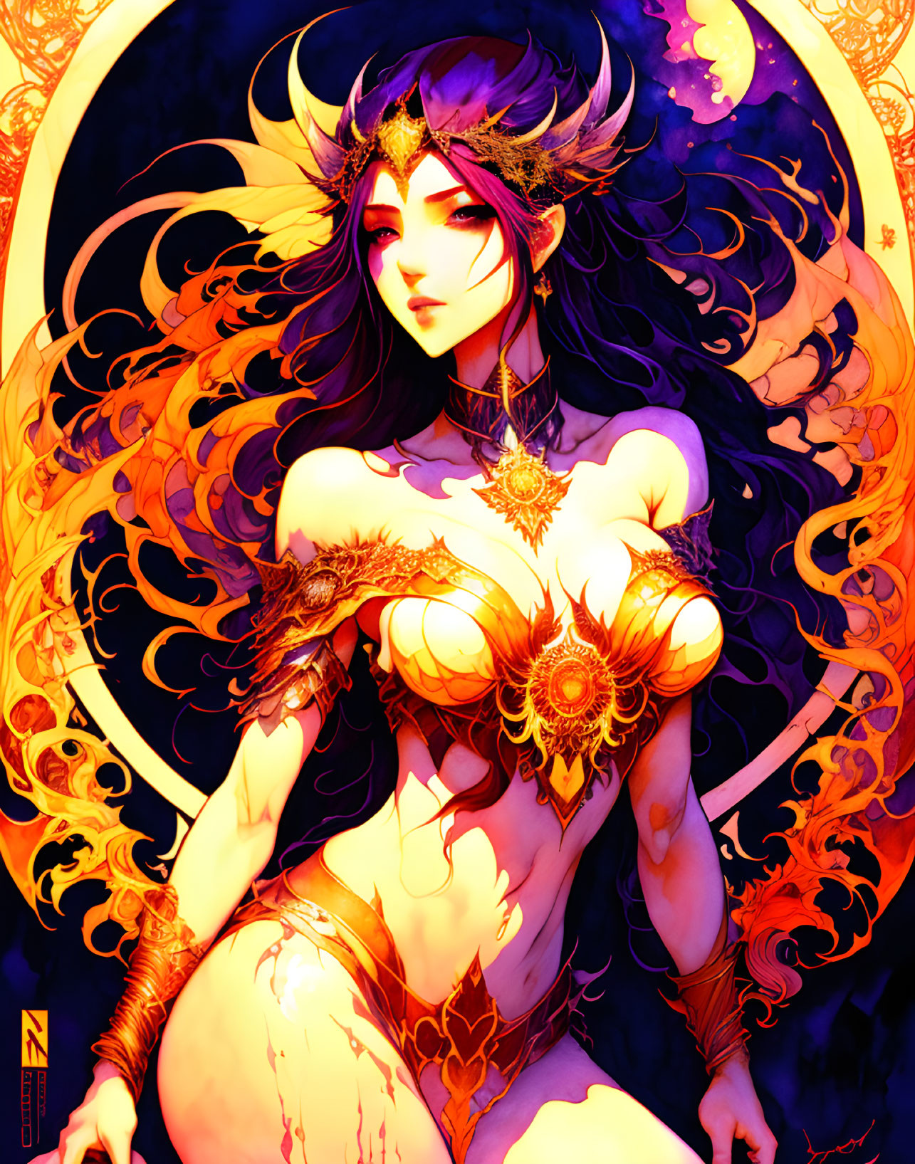 Fantastical female figure with fiery red hair and golden armor in vibrant illustration