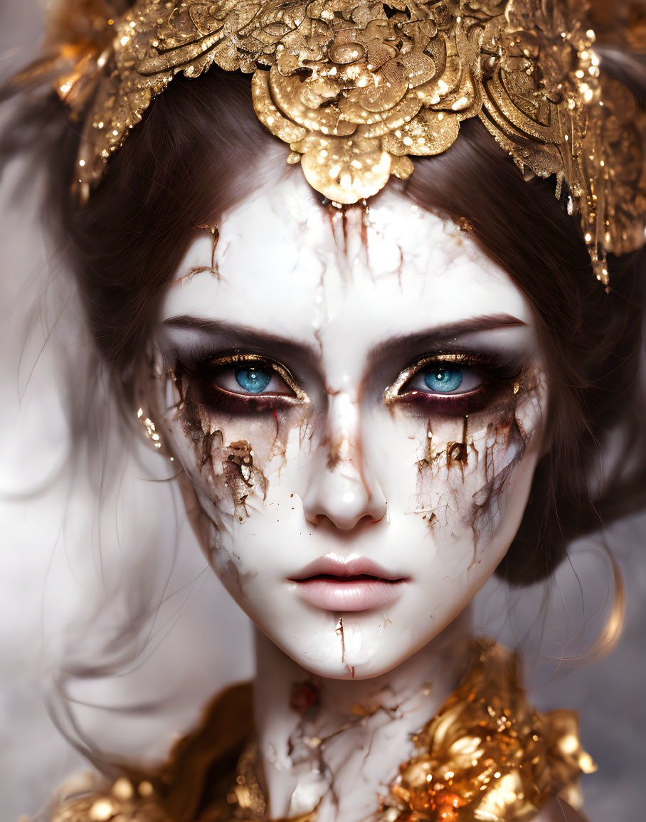 Intense Blue Eyes with Cracked White Makeup and Gold Floral Headpiece